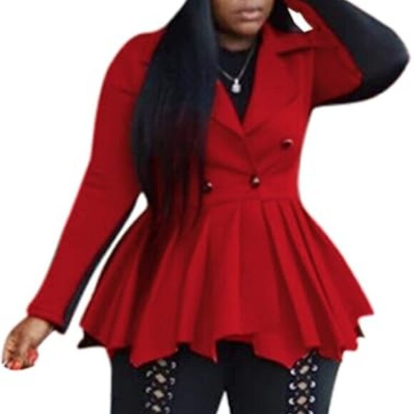 Plus Size 1XL Black & Red Long Sleeve Peplum Ruffle Casual Blazer Jacket - Picture 13 of 14